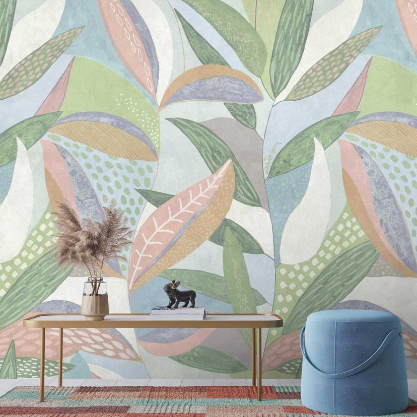Stiliseret botanisk tapet i pastelfarver - moderne non-woven tapet