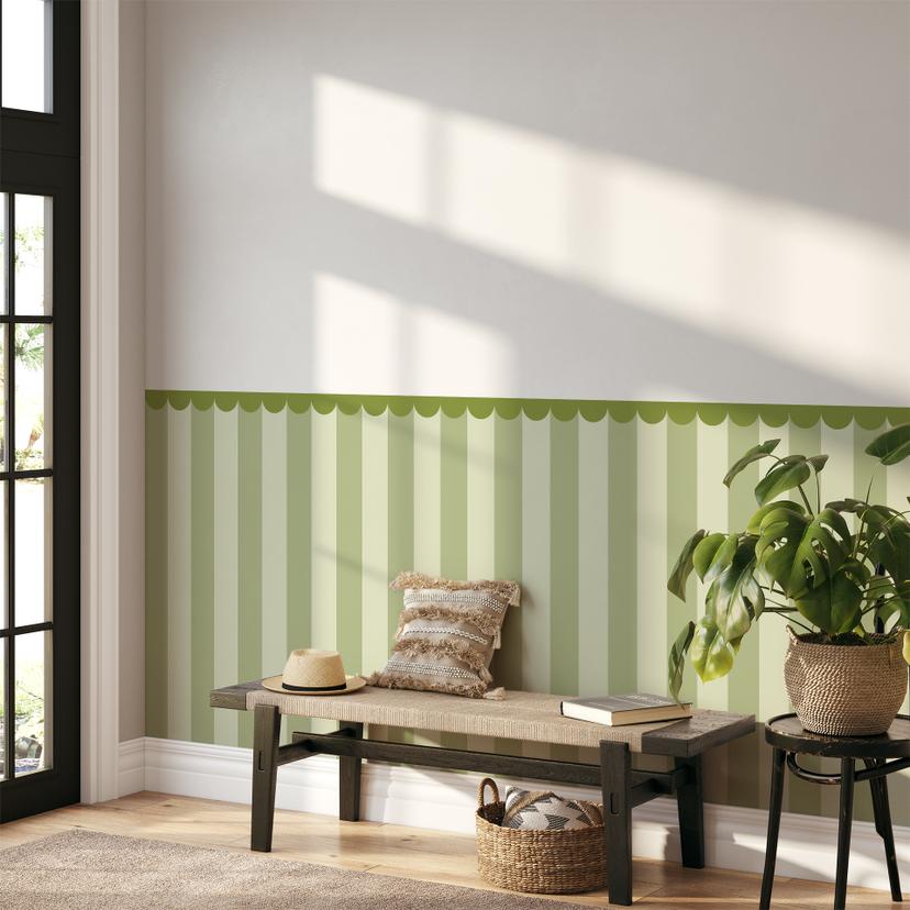 Panneaux muraux revêtement mural autocollant vert rayé avec frise