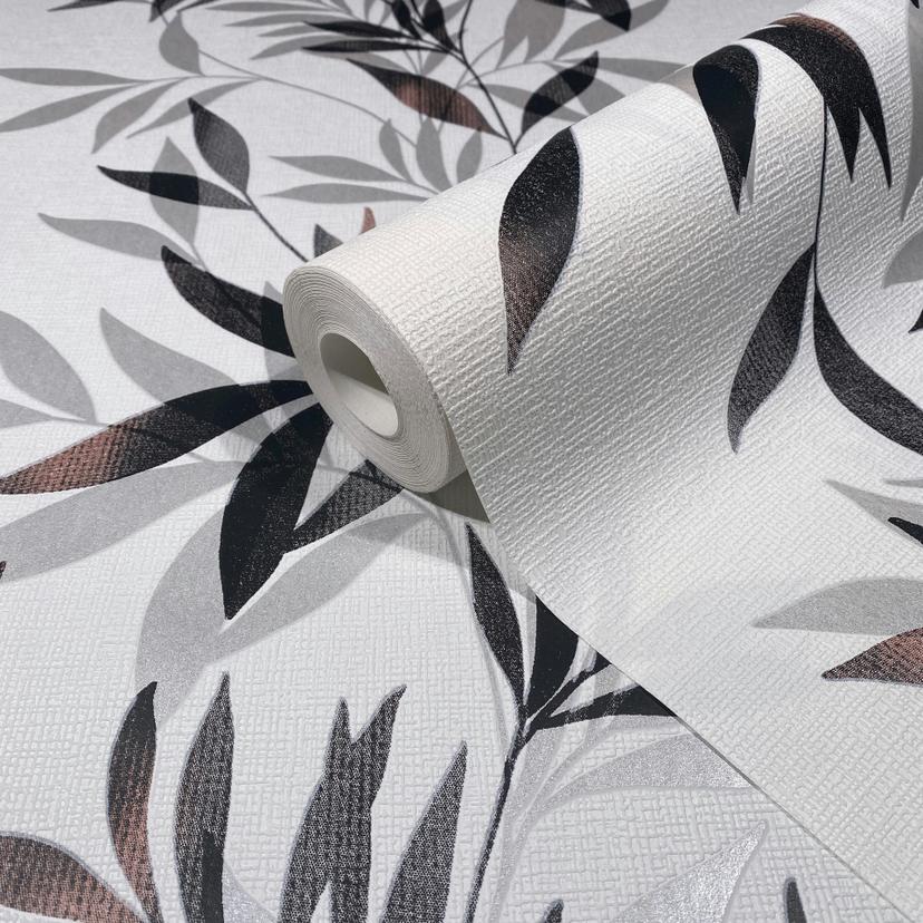 Papel pintado no tejido de color blanco, negro motivo hoja aspecto floral naturaleza