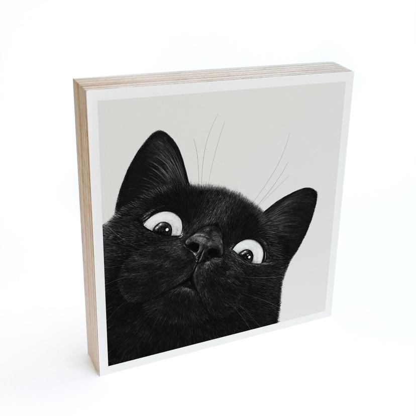 Tableau sur bois à poser - Chat noir amusant - Korenkova - 15x15 cm
