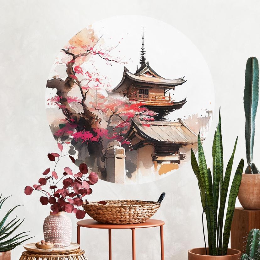Wall Sticker Japansk pagode med kirsebærblomster - Jaszke