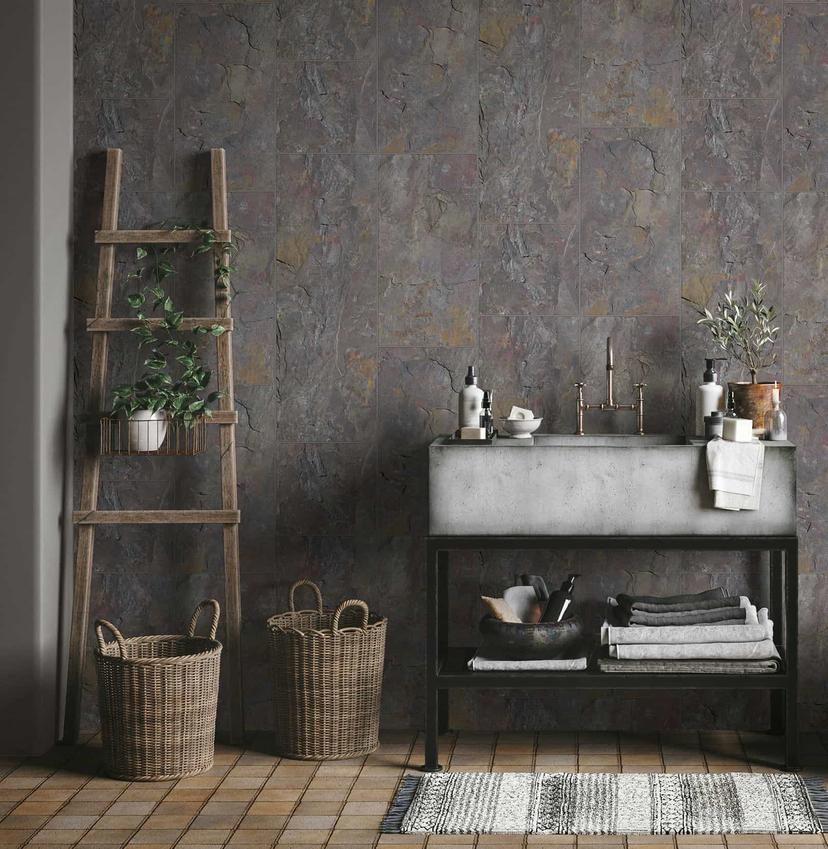 non-woven tapet i fliselook som shabby chic grå fliseeffekt