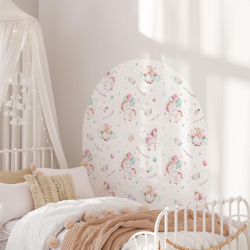 Wallsticker rundbue vægpanel Søde enhjørninger balloner - Kvilis - bred