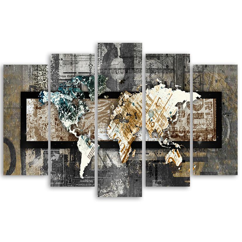 Stampa su tela 5 pezzi, mappa del mondo retrò vintage