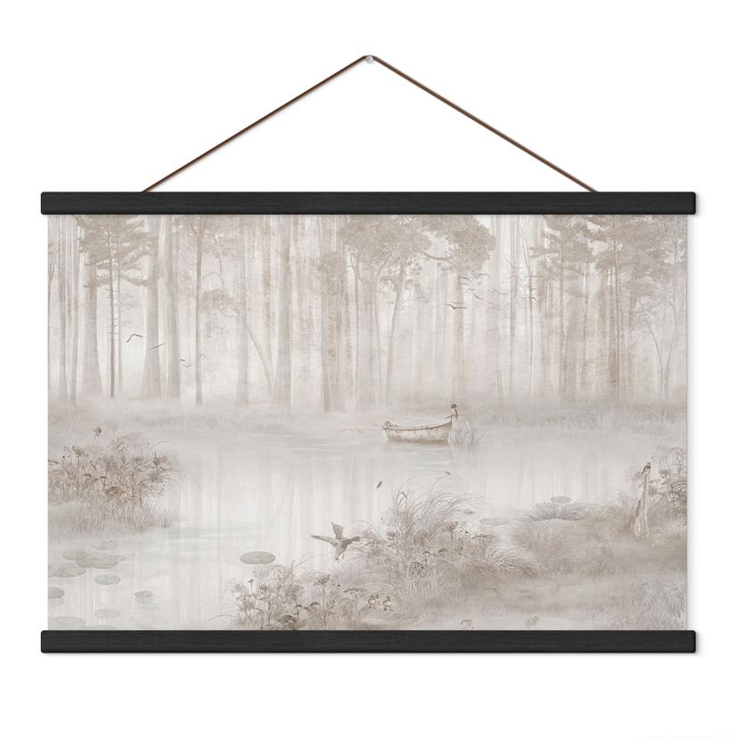 Textielposter Bos aan het meer in de mist in beige - Ms Tiff