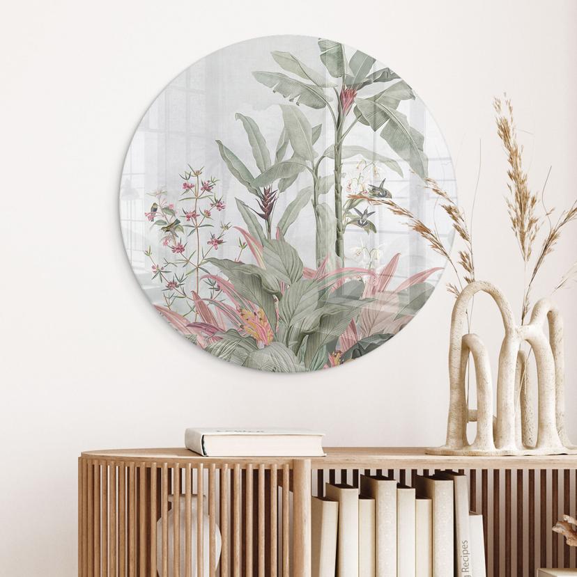 Stampa su vetro Idillio tropicale con colibrì blu - Decorazione floreale - Rotondo