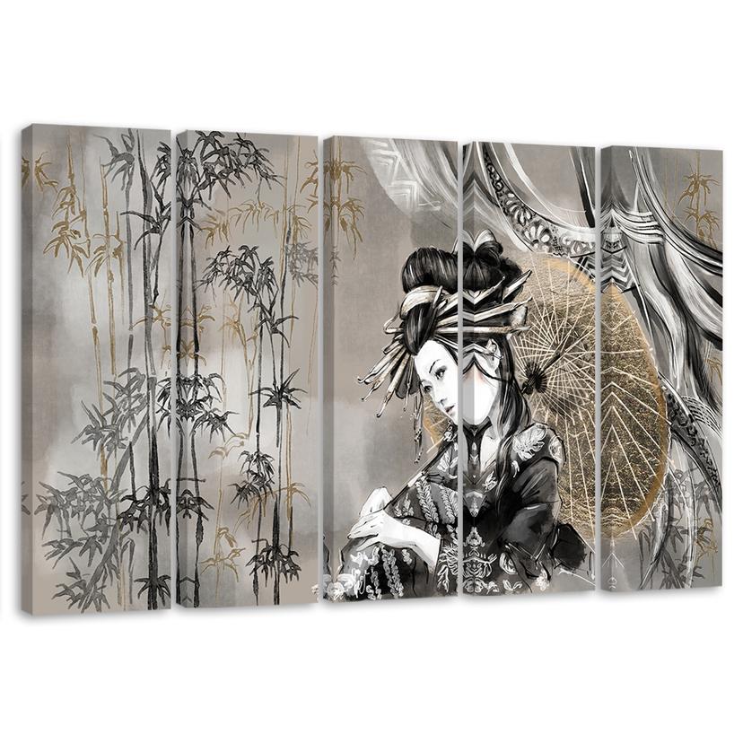 Lærred print 5 dele, geisha og bambus
