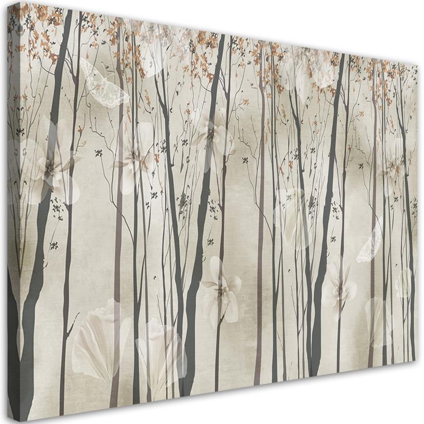 Canvasbillede, Træer, blomster og sommerfugle