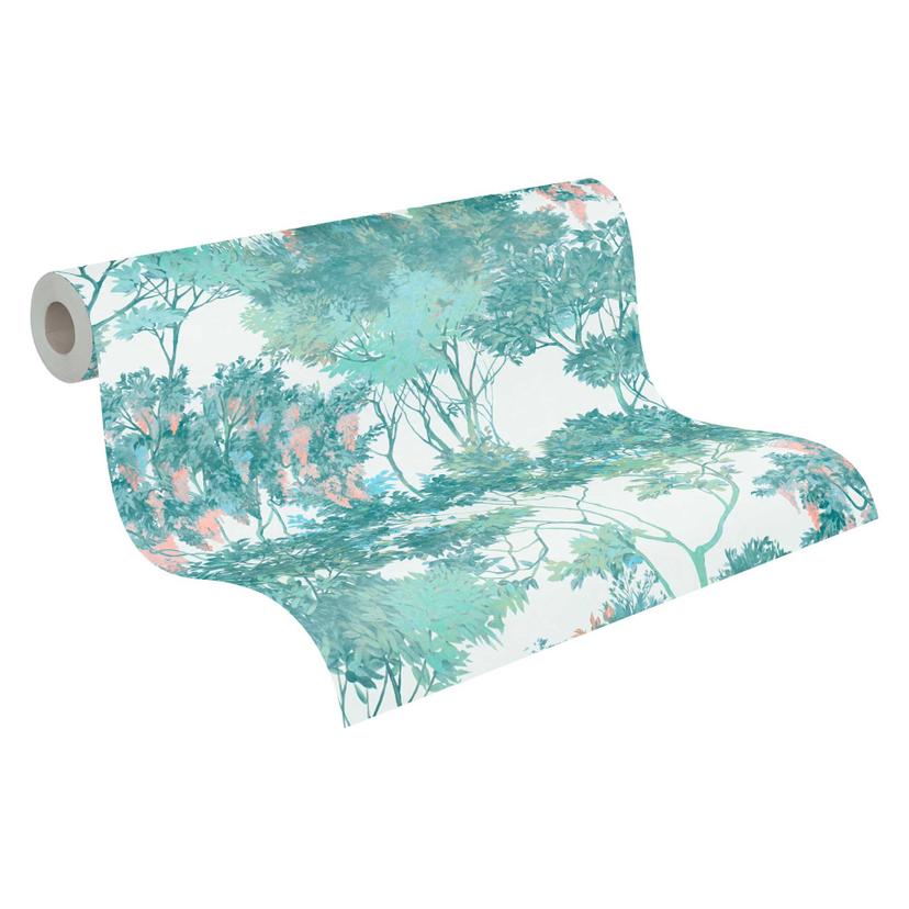 Papel pintado tejido-no tejido floral con árboles blanco verde - papel pintado con aspecto de acuare