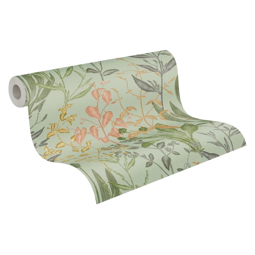 Carta da parati in tessuto non tessuto Elodie Maison Botanique verde rosa beige - grigio foglie erbe