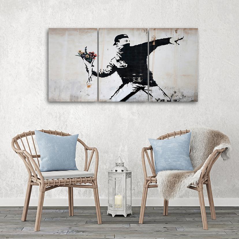 Stampa su tela 3 pezzi, Banksy Graffiti Art Fiori