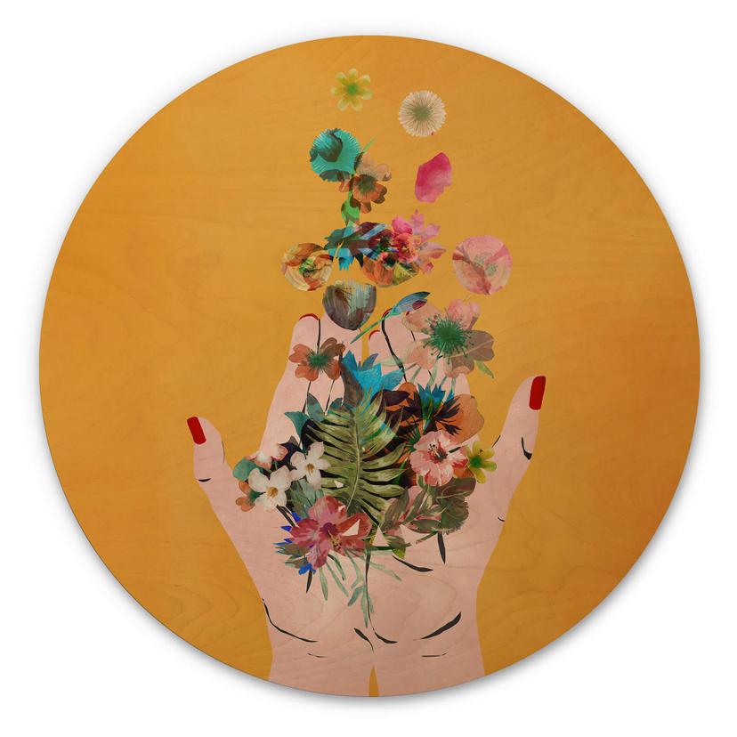 Cuadro de madera Treechild - Flores de colores en las manos de Frida - Redondo