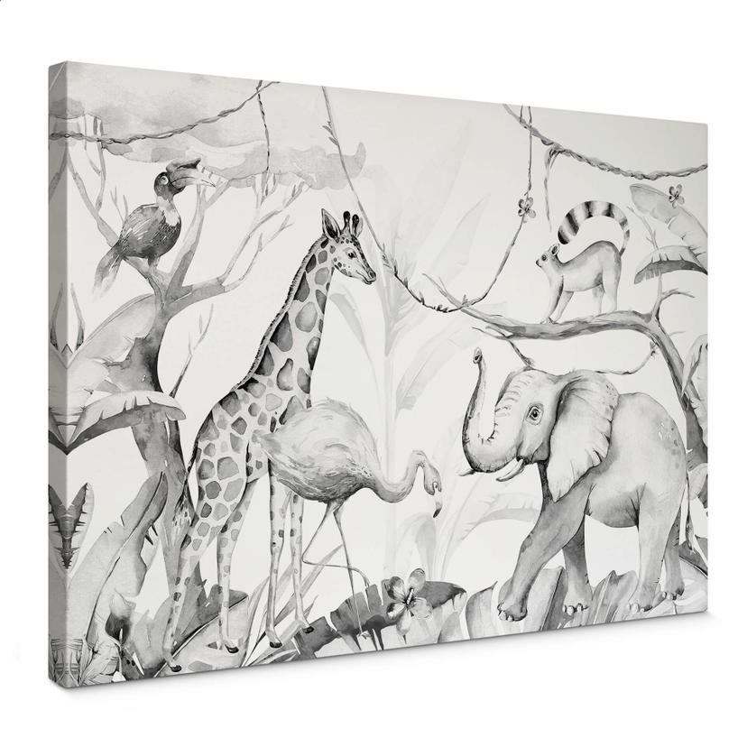 Lienzo Kvilis - Amigos animales en la jungla - blanco y negro