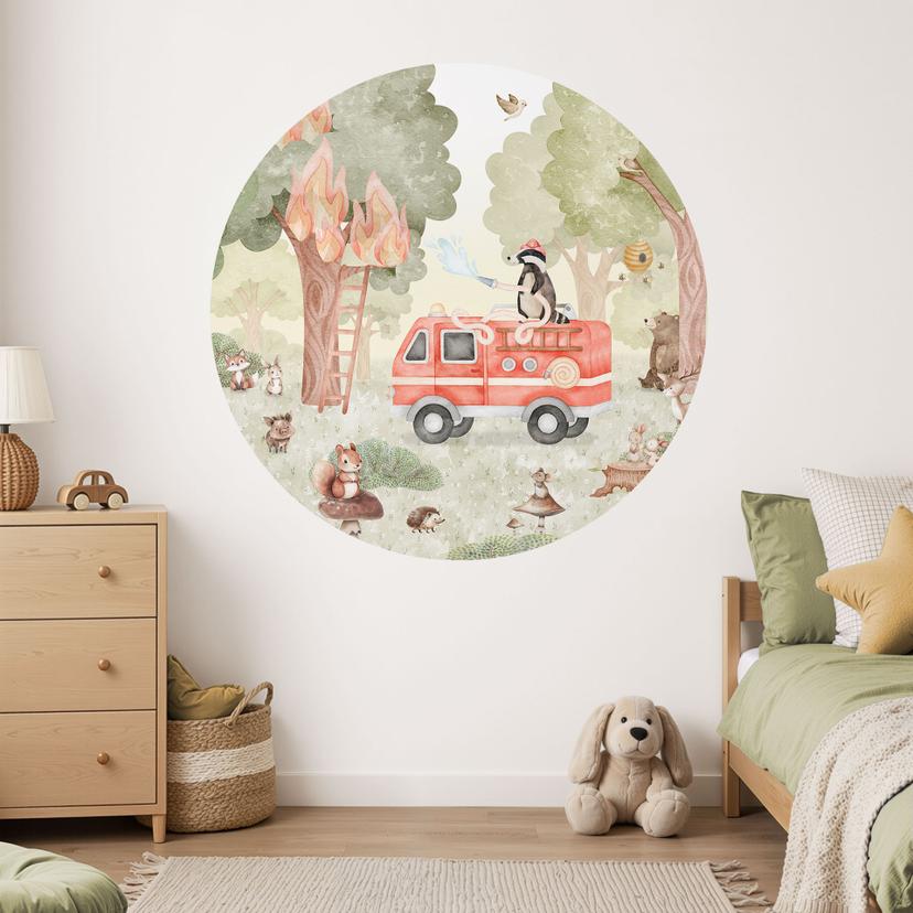 Vinilo Decorativo Bomberos Animales en el Bosque - Oliver Robins - Redondo