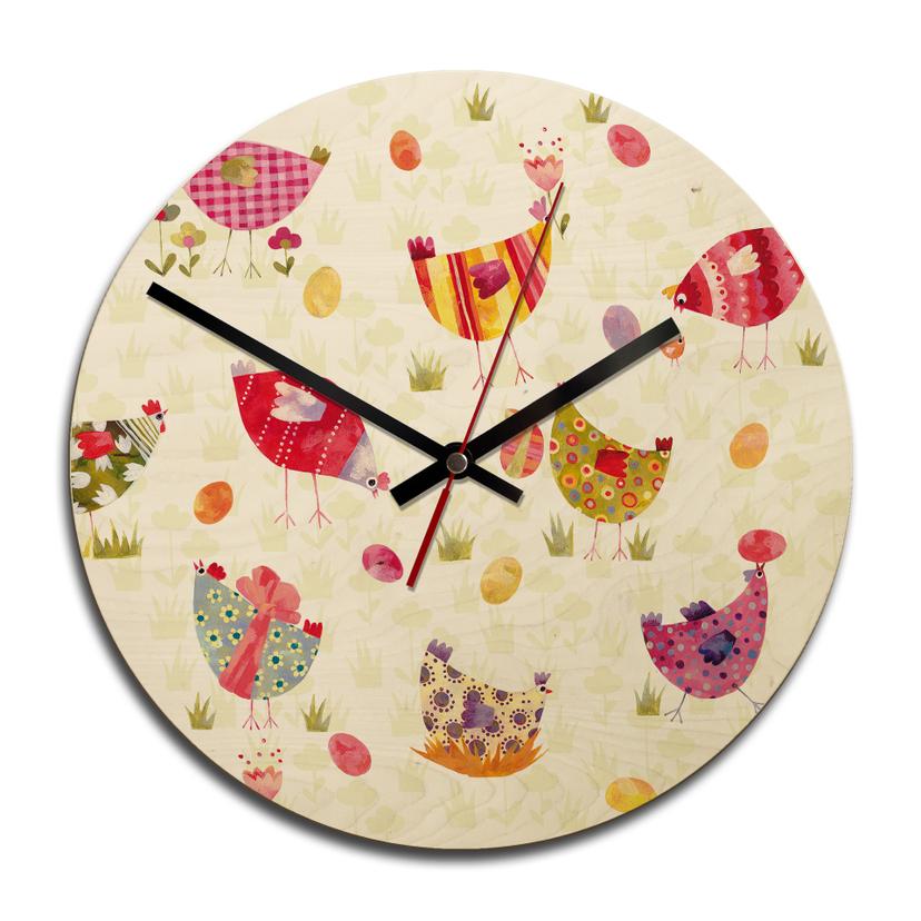 Horloge murale en bois - Blanz - Poules colorées