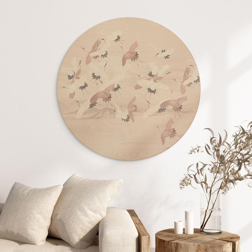 Cuadro de madera Grullas sobre el lago - Decoración Floral - Redondo