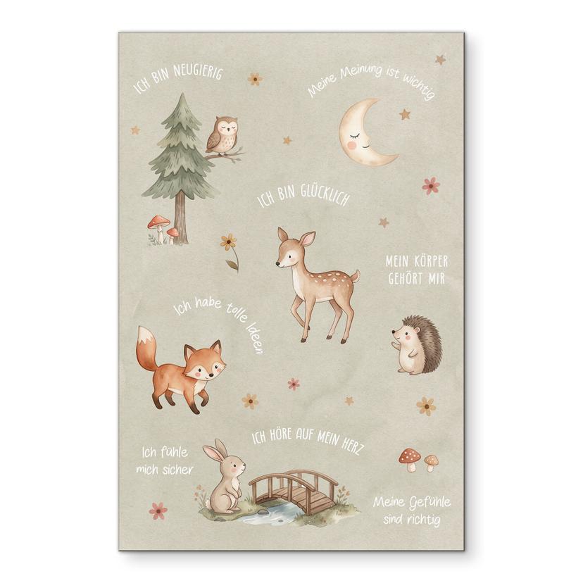 Alu-Dibond Wandbild - Affirmationen Wald mit Eule, Fuchs & Co. für Kinder