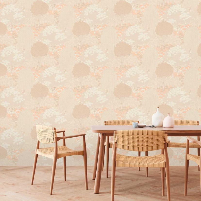 non-woven skovmønster tapet beige creme - tapet med orange accenter