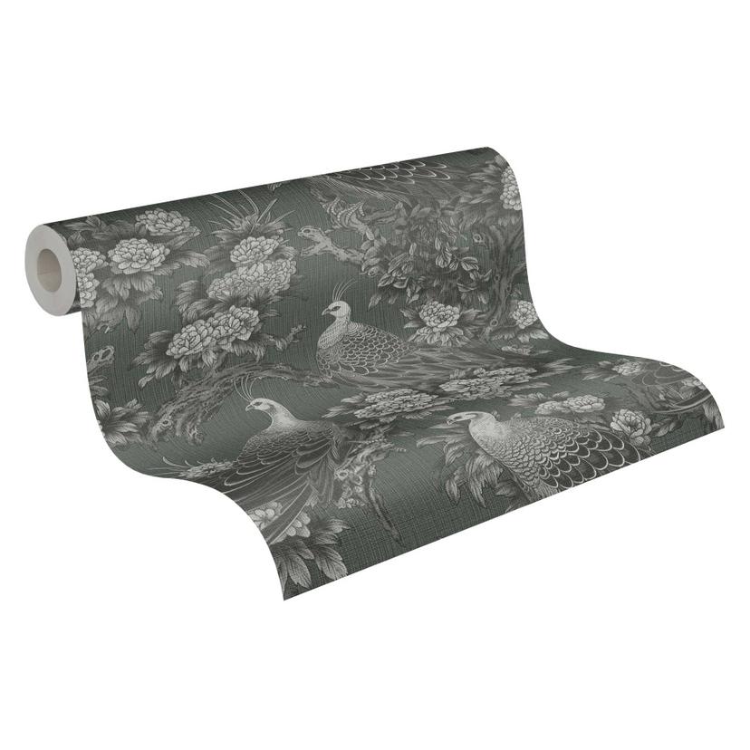 Papel pintado ave gris negro - Papel no tejido con pavos reales exóticos y motivos florales