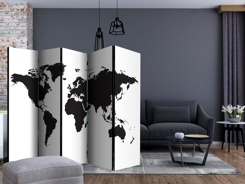 Schermo divisorio - Mappamondo - Mondo in bianco e nero , 5 pezzi - 225x172 cm