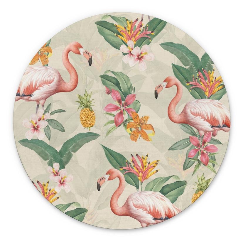 Tableaux Flamant rose et feuilles tropicales - Bloomery Decor - Alu-Dibond Rond
