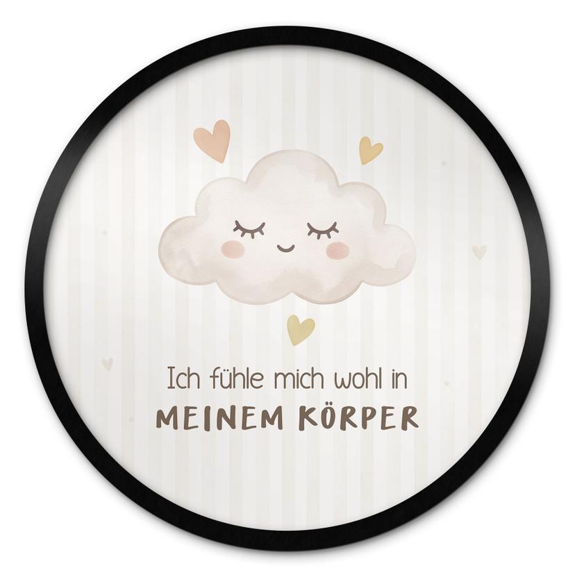 Rundes Affirmationsposter mit Wolke - 'Ich fühle mich wohl in meinem Körper' für das Kinderzimmer