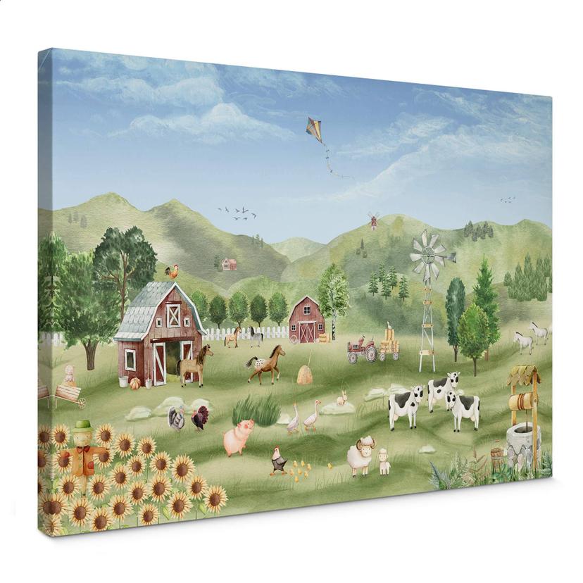 Canvas Oliver Robins - Farverig bondegård med dyr