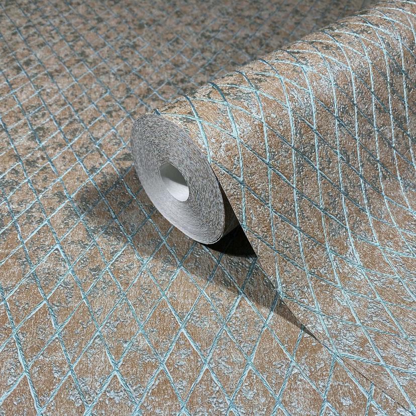 Non-woven tapet i brunt, blått diamantmönster grafiskt geometriskt