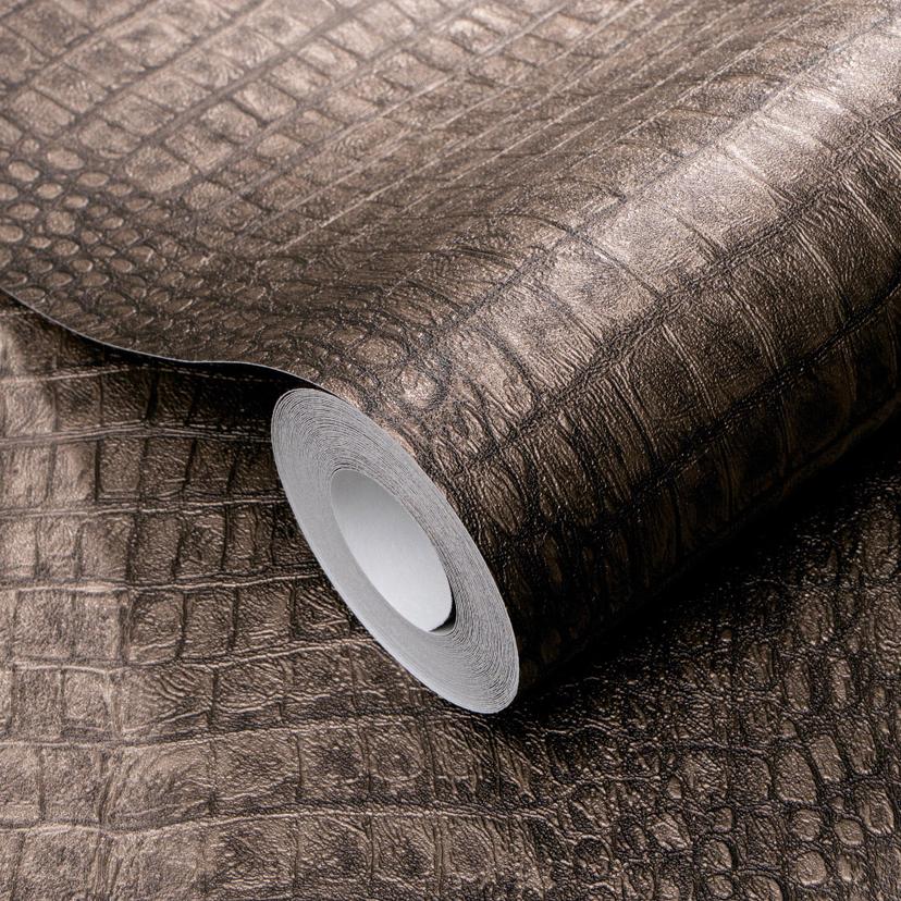 Non-woven tapet i mörkbrunt med krokodil look slående modern och lyxig textur