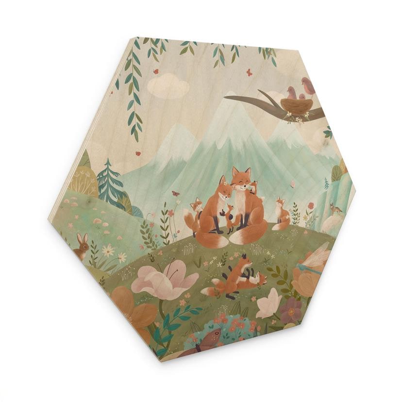 Hexagon Houten Wanddecoratie Vossenfamilie op de Bloemenweide - Oliver Robins