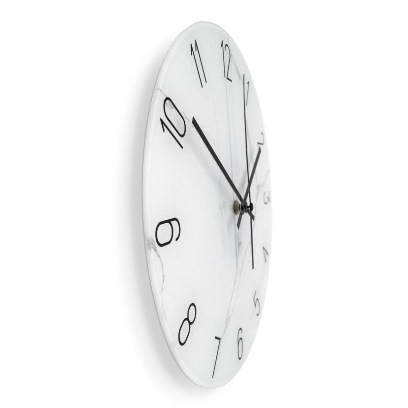 Elegante orologio da parete in vetro effetto marmo bianco con numeri neri Ø30 cm