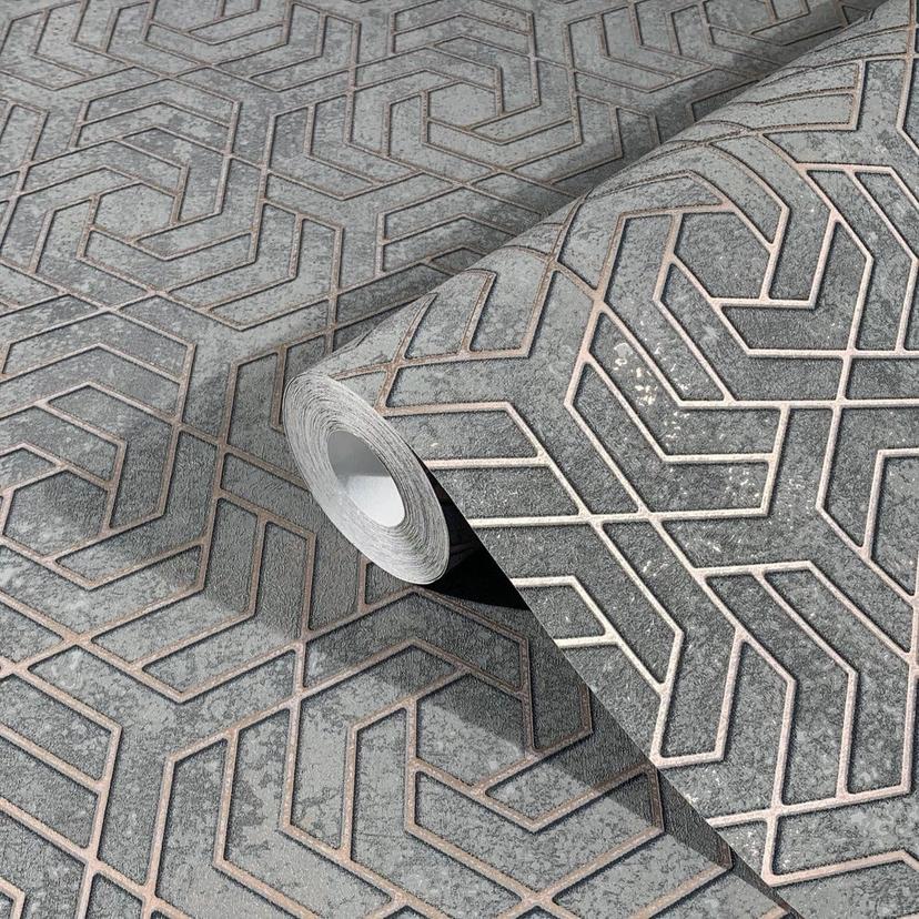 3D-look grå grafisk non-woven tapet