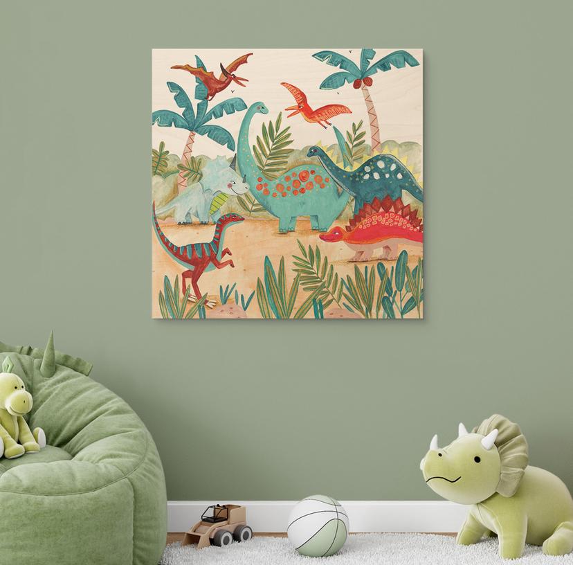 Cuadro de madera Dinosaurios coloridos en el bosque primitivo - Bonne Müller - Cuadrado