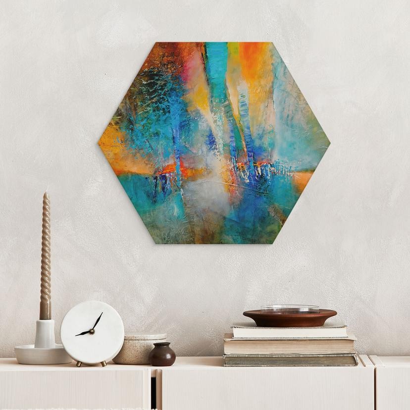 Hexagon Wandbild Urbanes Licht in Blau und Orange - Schmucker - Alu-Dibond