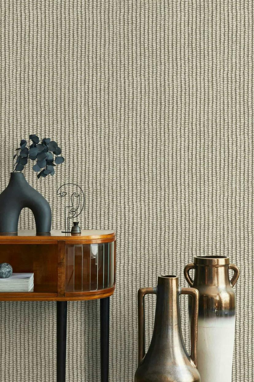 vliesbehang met kurkvlecht look beige, grijze textiellook