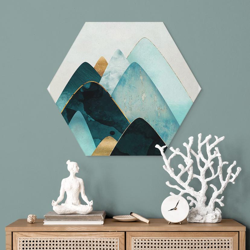 Esagono Alu-Dibond Montagne astratte in oro e blu - SpaceFrog Designs