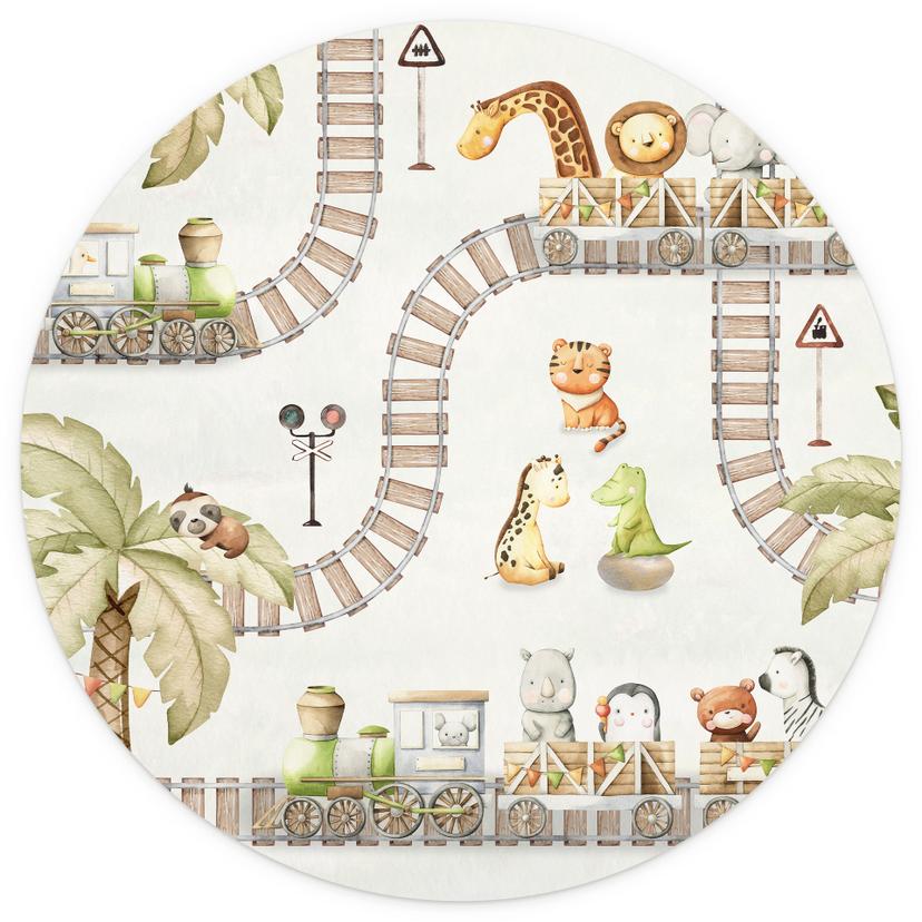 Fotomurale tondo Locomotiva con animali dello zoo - Oliver Robins - carta da parati in tessuto non t