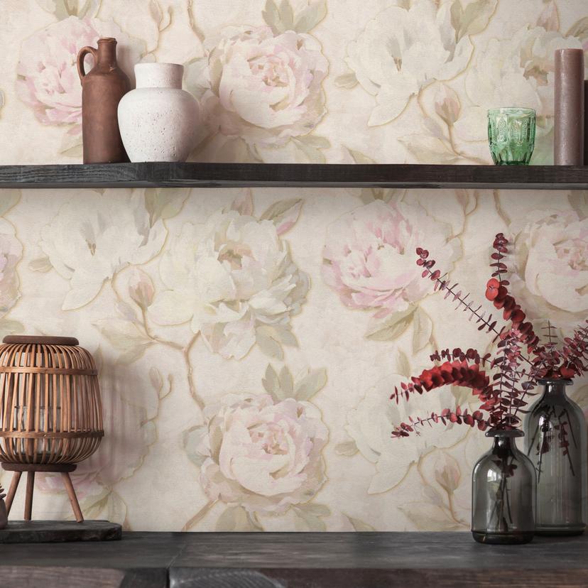 Blomstret tapet pæoner pink beige - Ikke-vævet tapet i akvarelstil - vintage