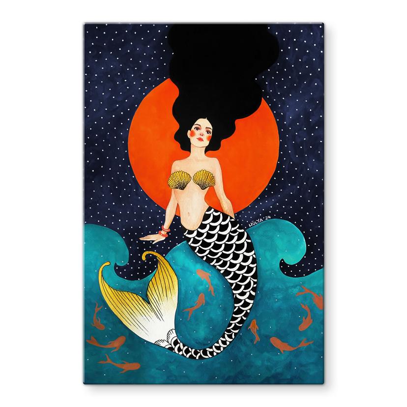 Tableau en verre Sirène au clair de lune rouge - Hülya