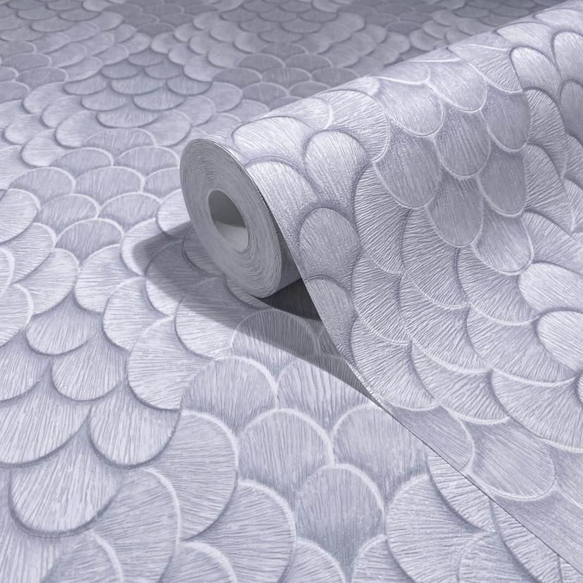 Papel pintado no tejido flores, aspecto 3D geométrico mate en blanco