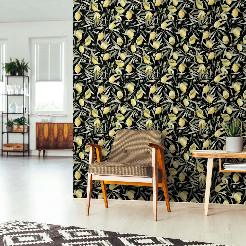 Papel pintado no tejido limones, hojas naturaleza floral mate en negro
