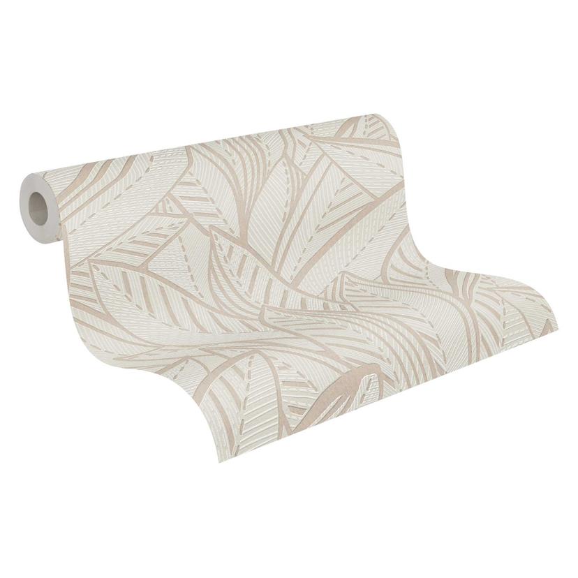 Carta da parati Jungle con motivo a foglie beige crema - Carta da parati moderna in tessuto non tess