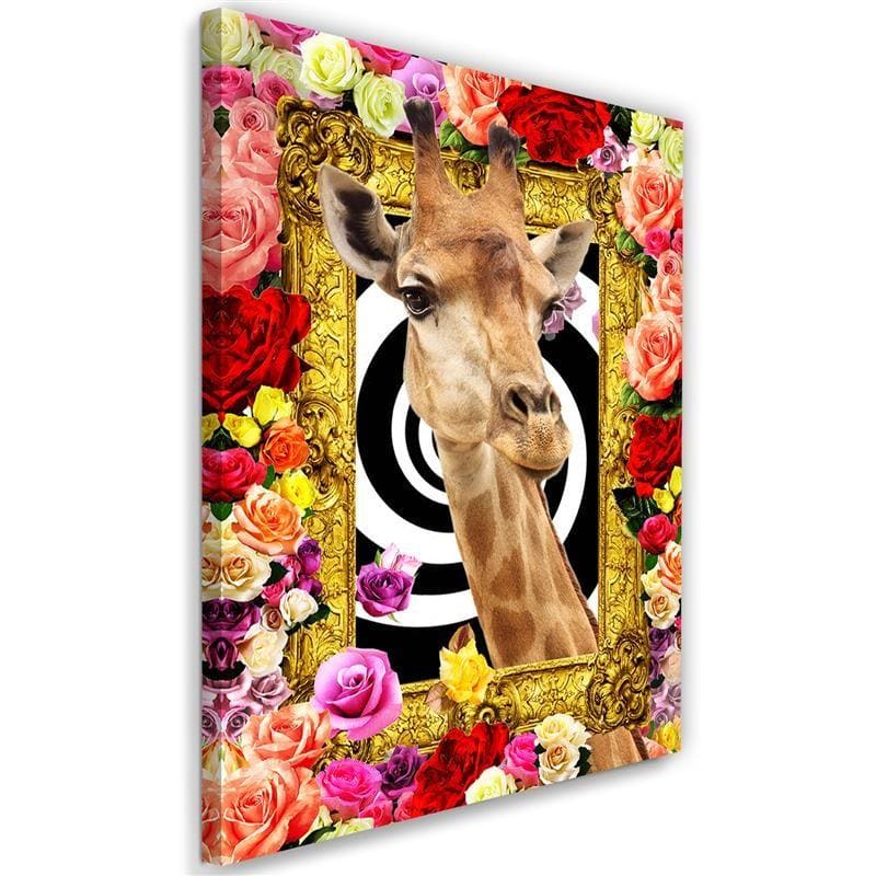 Tableau sur toile, Girafe et roses colorées