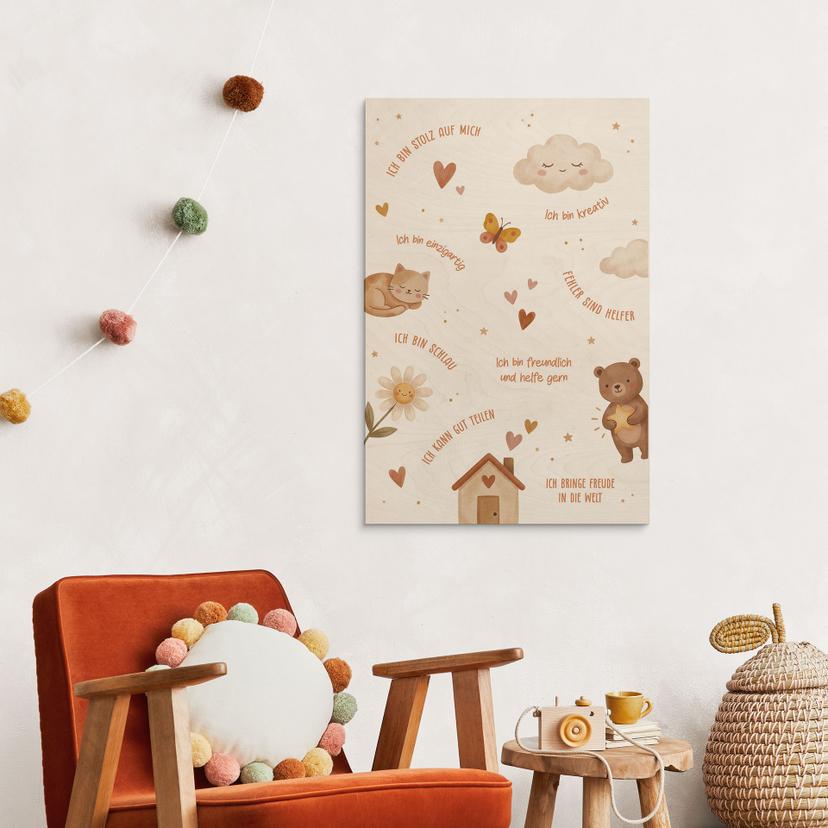 Holzbild mit Affirmationen Happy - kindgerechte Glaubenssätze