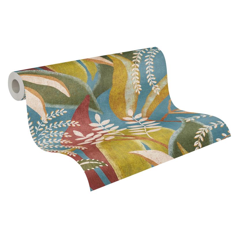 Papel pintado tropical petróleo y rojo óxido - Papel pintado no tejido en estilo jungla retro