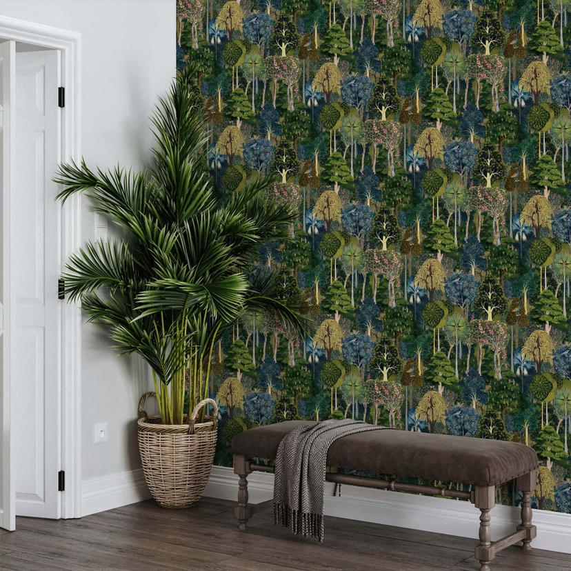 Papel pintado no tejido bosque, árboles naturaleza floral en verde