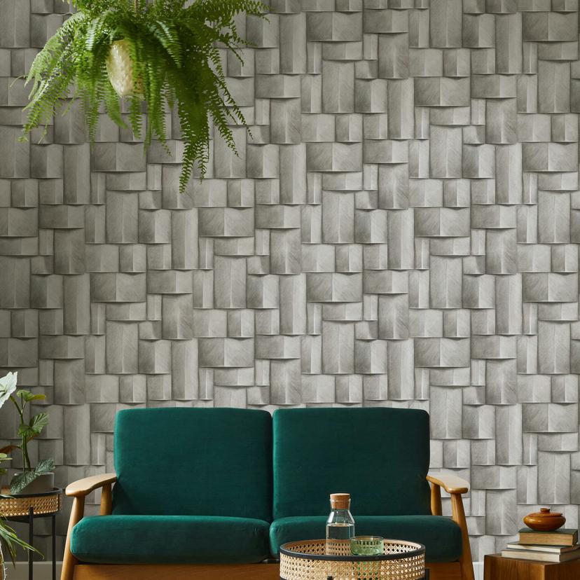 Non-woven tapet med træmotiver geometrisk hvid, brun 3D-look