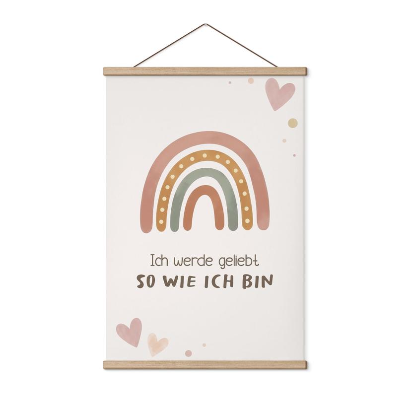 Stoffbild mit Boho-Regenbogen - Glaubenssatz 'Ich werde geliebt' für Kinder