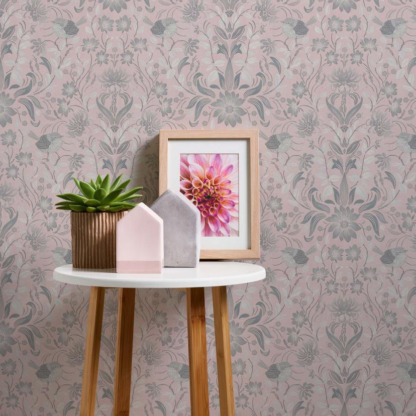 tapet blomstret rosa grå - non-woven tapet landsted A.S. Création - mat lys tekstureret