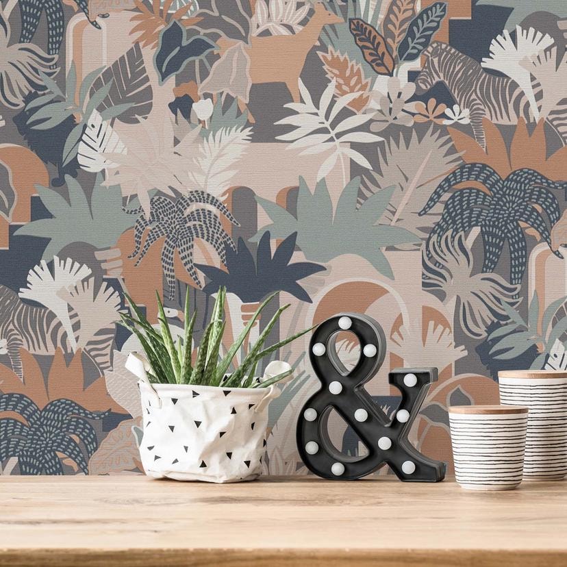 tapet jungle stil brun pink - vintage non-woven tapet planter blade